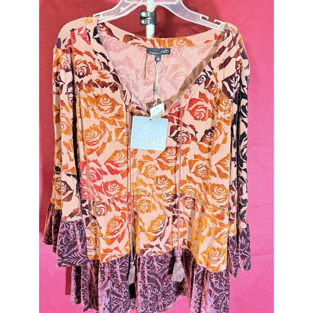 RXB Burgundy Red & Orange Burnout Velvet Floral Peplum Top Boho SZ M (A3228)